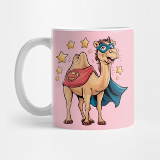 Creative and humorous vector print of a Bactrian camel, wearing a superhero cape and mask, standing confidently with a cheerful smile Mug